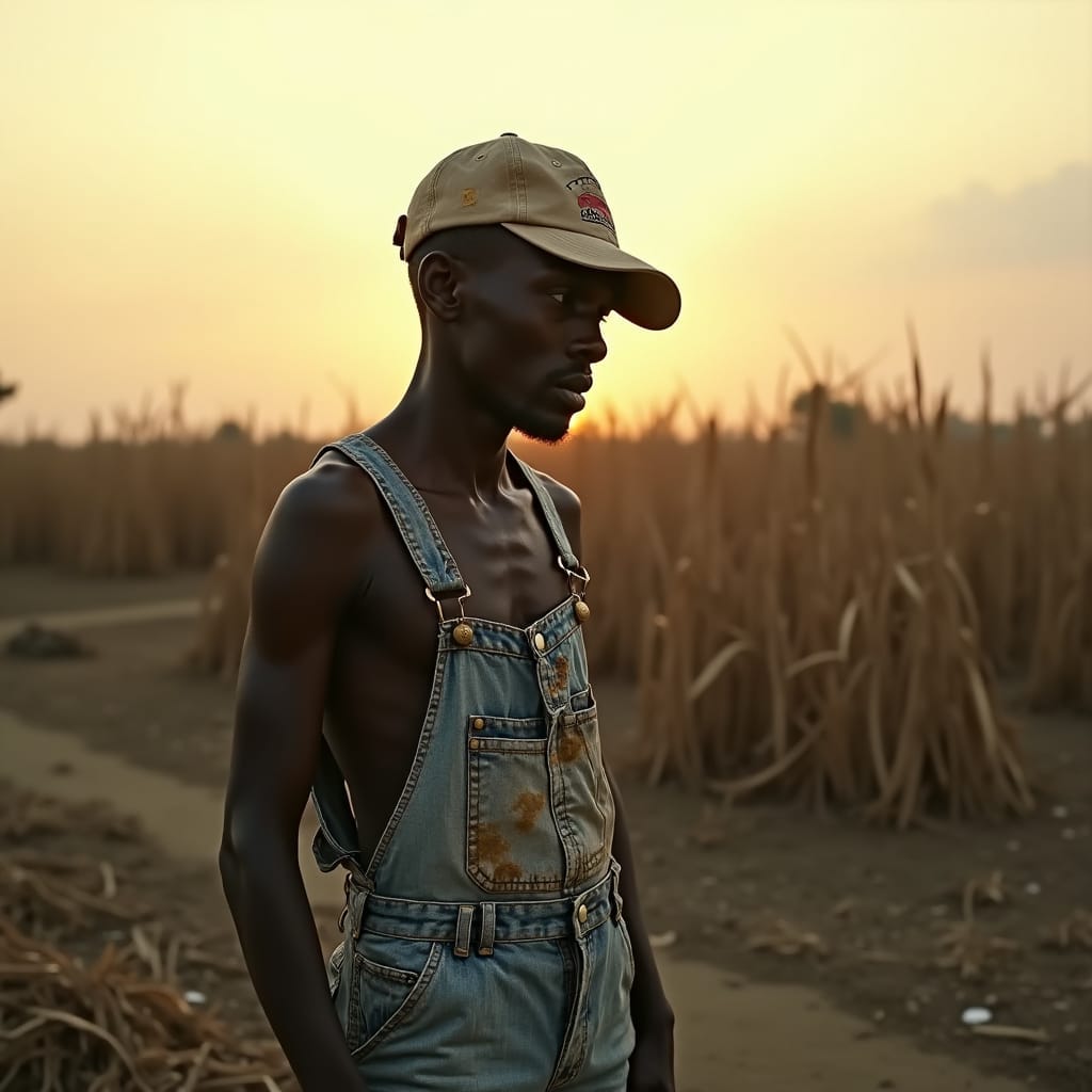 A worn, weathered Jamaican laborer, clad in tattered denim overalls and a faded newsboy cap, stands dejectedly in the midst of a desolate, rural landscape, surrounded by withered sugarcane fields and the remnants of a once-thriving agricultural industry. The warm, golden light of a setting sun casts long shadows, emphasizing the man's gaunt features and the sense of desperation etched on his face.
