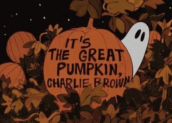 This may contain: there is a sign that says it's the great pumpkin, charlie brown