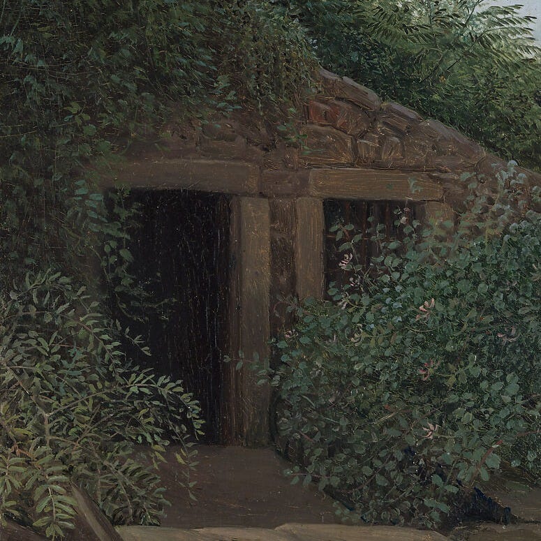 An Overgrown Mineshaft, Carl Gustav Carus (German, Leipzig 1789–1869 Dresden), Oil on paper, laid down on cardboard 