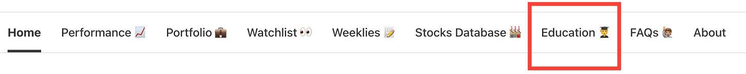 Beating The Tide website top navigation bar highlighting the Education section, where subscribers can access investing fundamentals, investment philosophy content, and learning resources