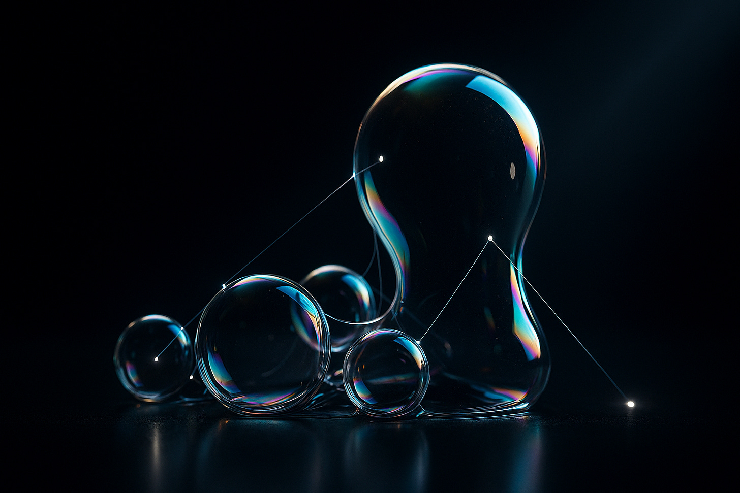 Iridescent soap bubbles in a dark scene, some linked by fine glowing threads to tiny points of light—suggesting hidden, nonlocal connections.