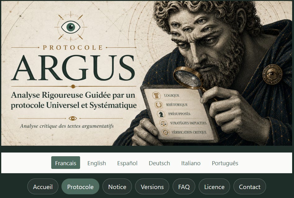 Capture d’écran de la page d’accueil du site ARGUS. En haut, un bandeau illustré montre le géant mythologique Argus, doté de plusieurs yeux, tenant une loupe et examinant une tablette où figurent les étapes du protocole : logique, rhétorique, présupposés, stratégies implicites et vérification critique. Sous le bandeau apparaissent les onglets de langue — français, anglais, espagnol, allemand, italien, portugais — puis le menu principal du site : Accueil, Protocole, Notice, Versions, FAQ, Licence, Contact.