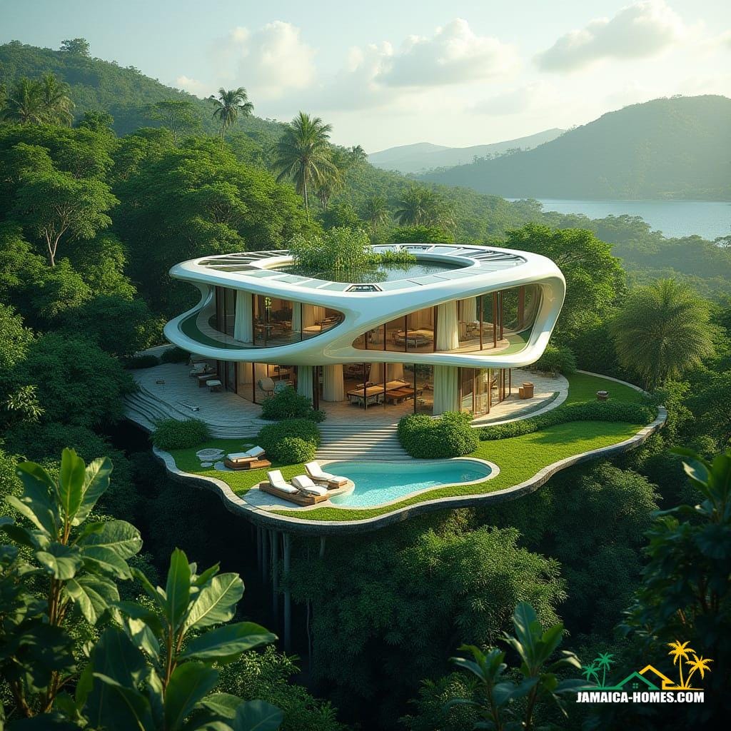 Futuristic Jamaican eco-villa nestled in a lush tropical landscape, AI-driven sustainable design, organic shape