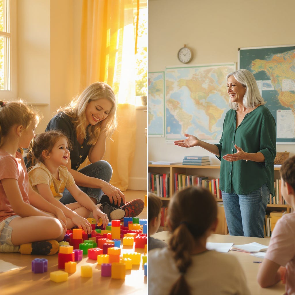A young stay-at-home mom caring for her children on one side and an older teaching standing in front of her students on the other side.