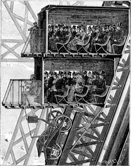 Otis elevators in the Eiffel Tower for the Poetry in America Substack Along These Lines