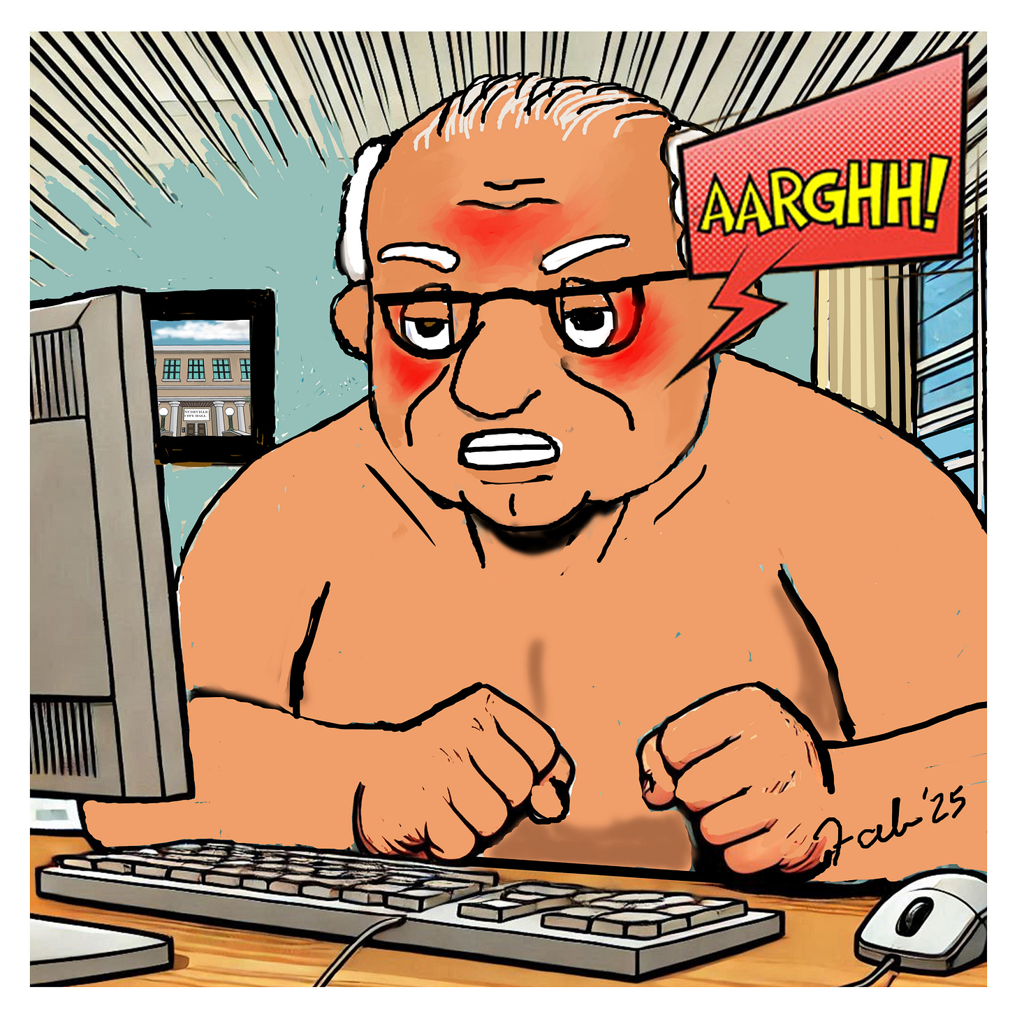 Panel 4: Mayor Grimley, an older, visibly frustrated man, sits naked at a desk in front of a computer, fists clenched and face red with anger. He growls, "AARGHH!" in a bold, jagged speech bubble. Panel 4: Mayor Grimley, an older, visibly frustrated man, sits naked at a desk in front of a computer, fists clenched and face red with anger. He growls, "AARGHH!" in a bold, jagged speech bubble.