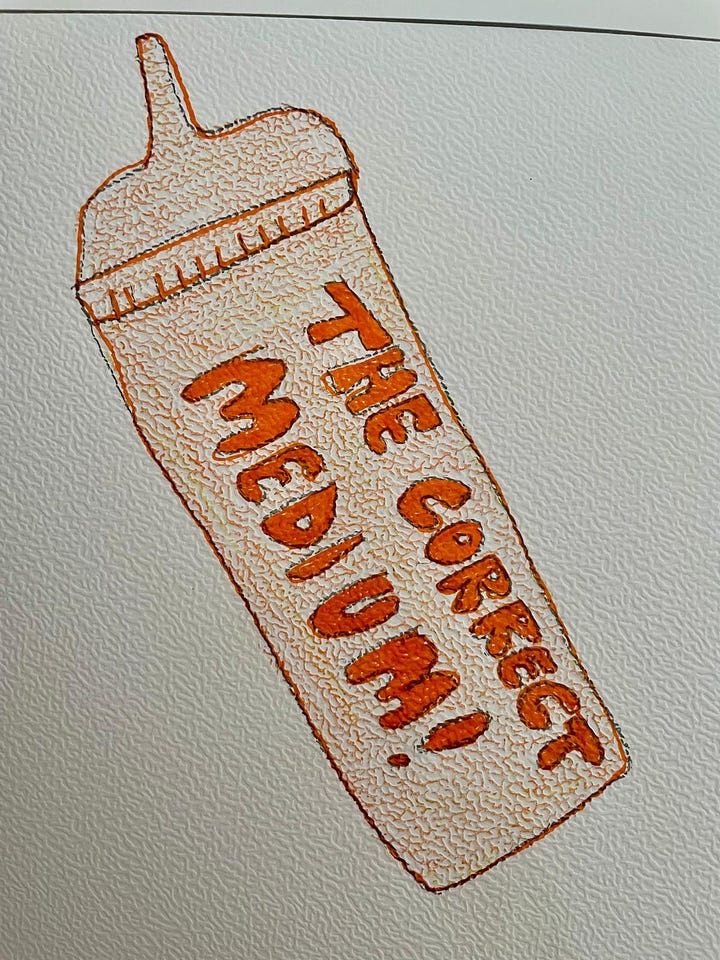 image of a sauce bottle on the left with the words "THE CORRECT MEDIUM", on the right an image of a burger with this sauce drenching it