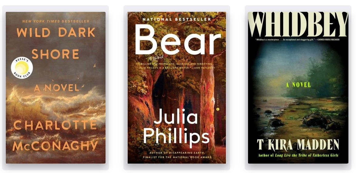Covers of: Wild Dark Shore, Bear, and Whidbey