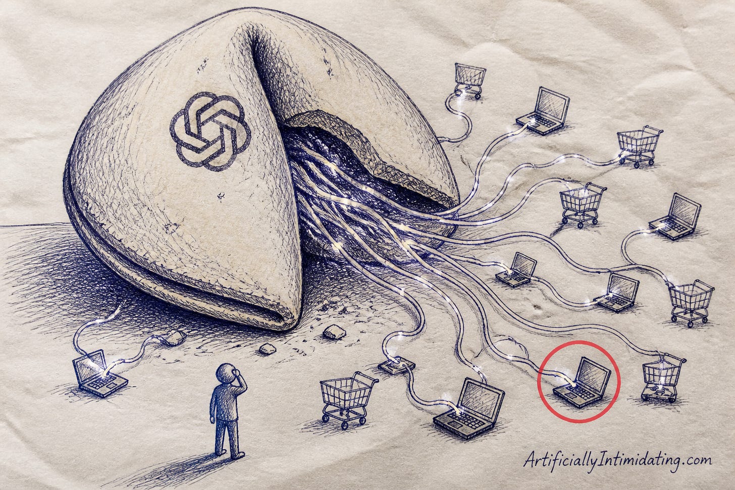 A hand-drawn illustration of a giant fortune cookie stamped with the OpenAI logo cracking open, with glowing wires running out to rows of laptops and shopping carts, while a small human looks on nervously. A hand-drawn illustration of a giant fortune cookie stamped with the OpenAI logo cracking open, with glowing wires running out to rows of laptops and shopping carts, while a small human looks on nervously.