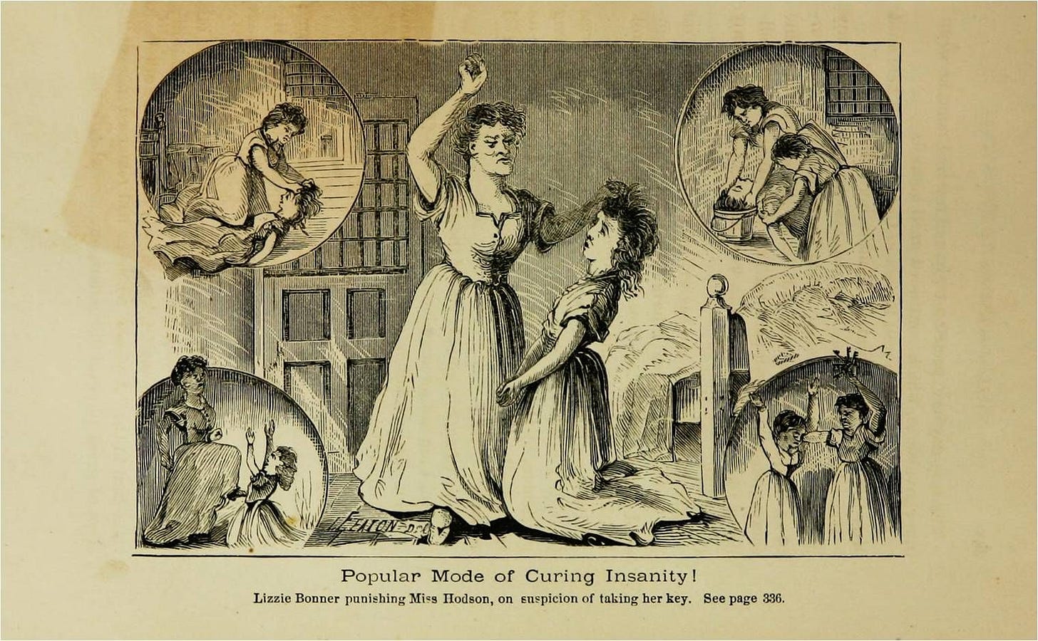 "popular mode of curing insanity!" illustration just shows a lady whacking a young woman on the head. 