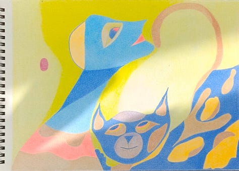 coloured pencils on paper, geometrical and more complex shapes in abstract compositions