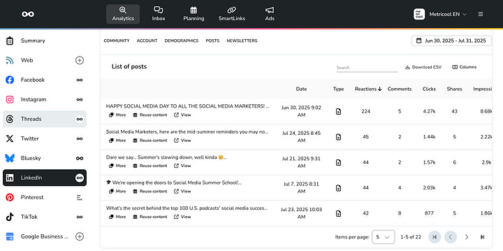 Metricool Screenshots