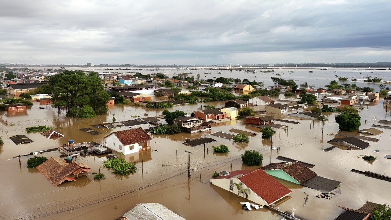 Aerial view of the flooded streets in Porto Alegre’s Navegantes neighborhood. Aerial view of the flooded streets in Porto Alegre’s Navegantes neighborhood.