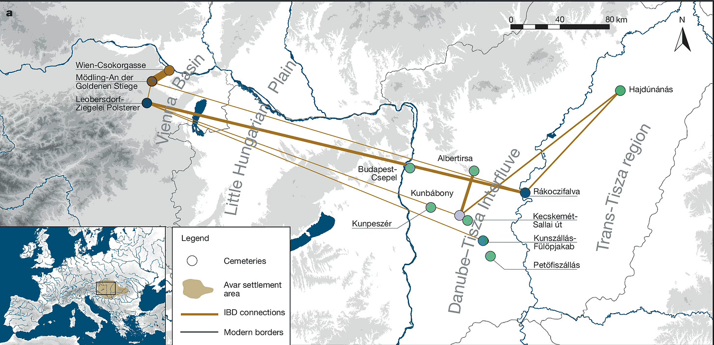 Map showing long-distance relationships between cemetery samples. The Leobersdorf cemetery has many connections with sites far to the east Map showing long-distance relationships between cemetery samples. The Leobersdorf cemetery has many connections with sites far to the east