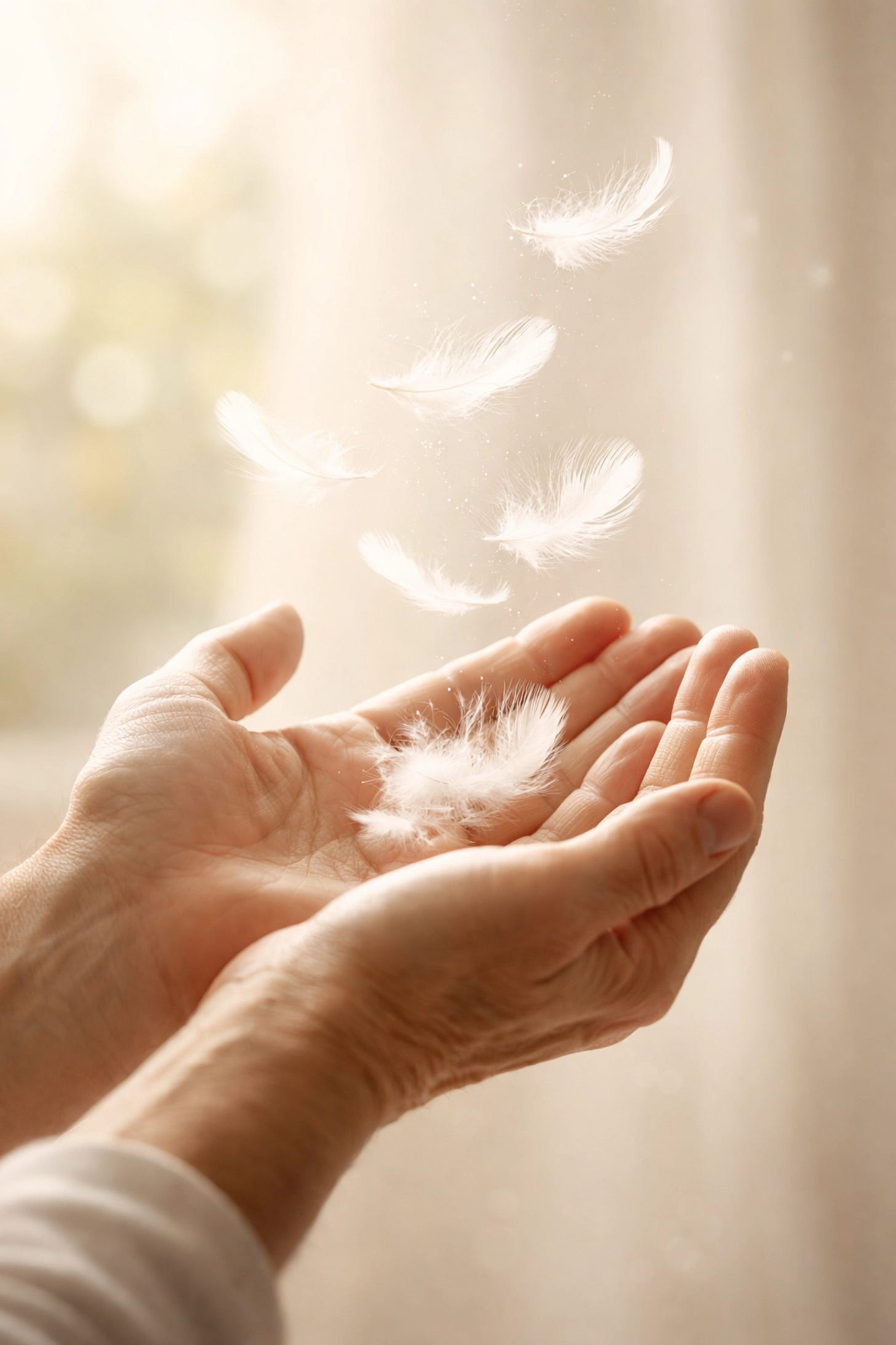 Hands releasing white feathers, symbolizing letting go and biblical forgiveness, under soft natural light.