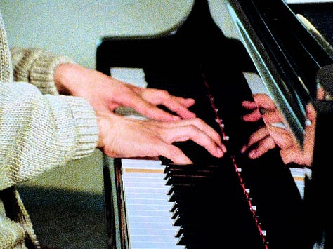 Still images from Tokyo Melody: three photos of Sakamoto playing the piano.
