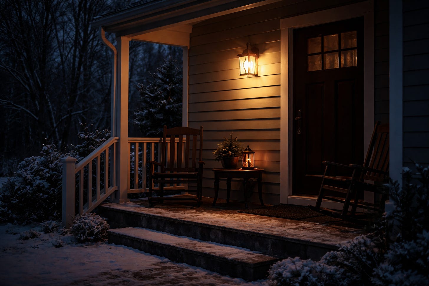 A quiet front porch on a winter evening, illuminated by a single steady porch light, with snow on the steps and empty rocking chairs, symbolizing continuity and trust during a still season.