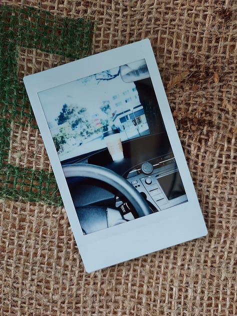Instant photographs of coffee mugs or coffee drinking selfies by a bearded gentleman with a bald head.