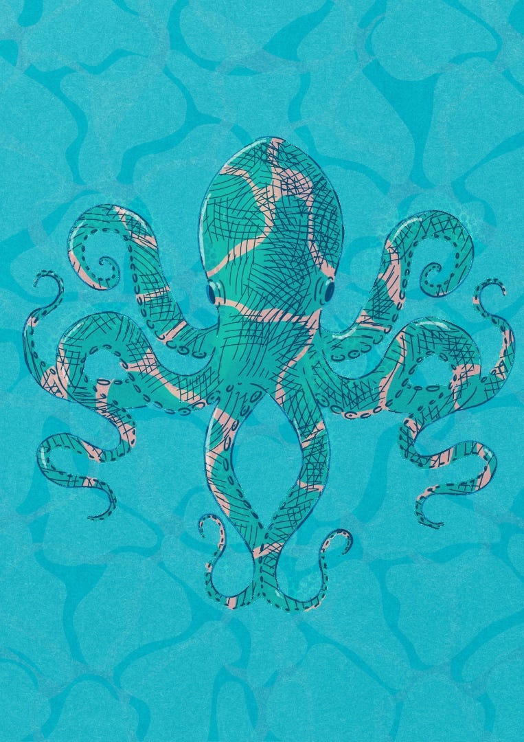 giant octopus in teal and pink on a cerulena water background