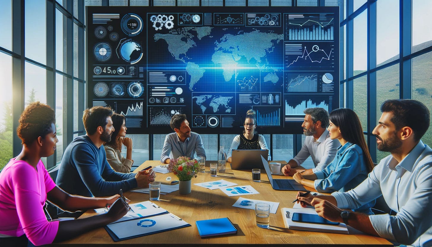 uma sala de reunião com profissionais estratégicos aplicando inteligência artificial na comunicação interna