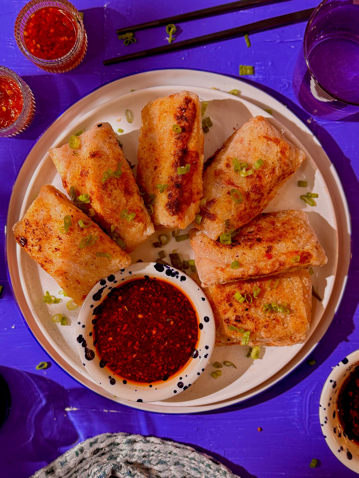 Pan-fried crispy rice paper spring rolls with dipping sauce Pan-fried crispy rice paper spring rolls with dipping sauce