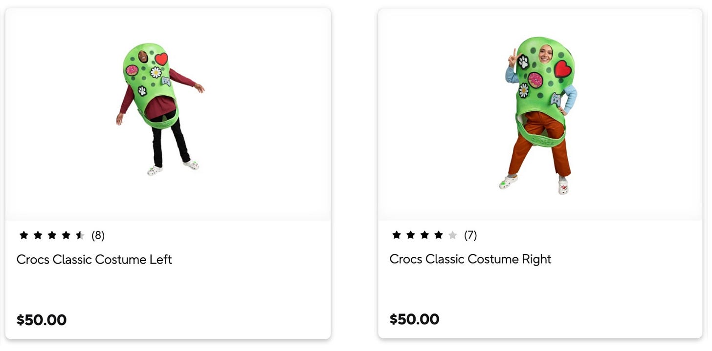 Ads for the $50 Crocs "Classic Costume," the left shoe has a 4.5 star rating and the right shoe has a 4 star rating