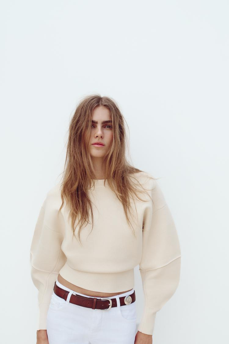 Zara PLAIN KNIT SWEATER WITH FITTED HEM - Ecru - Image 1