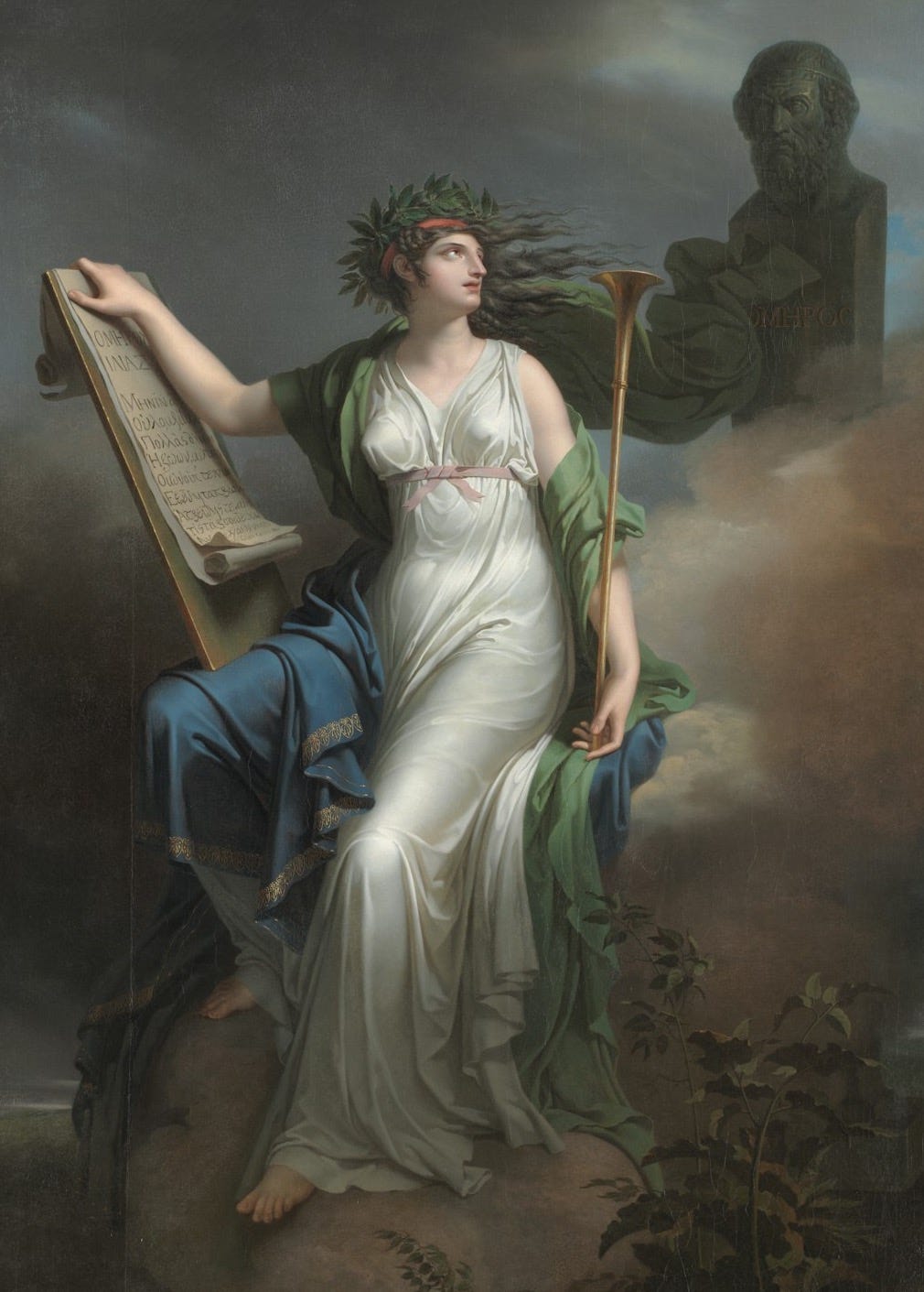A painting of a woman, Calliope, holding an instrument and a scroll