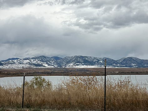 Photo 1: Image of snow covered mountains behind a lake; Photo 2: image of snow from a 2nd floor window; Photo 3: Image of snow covered mountain