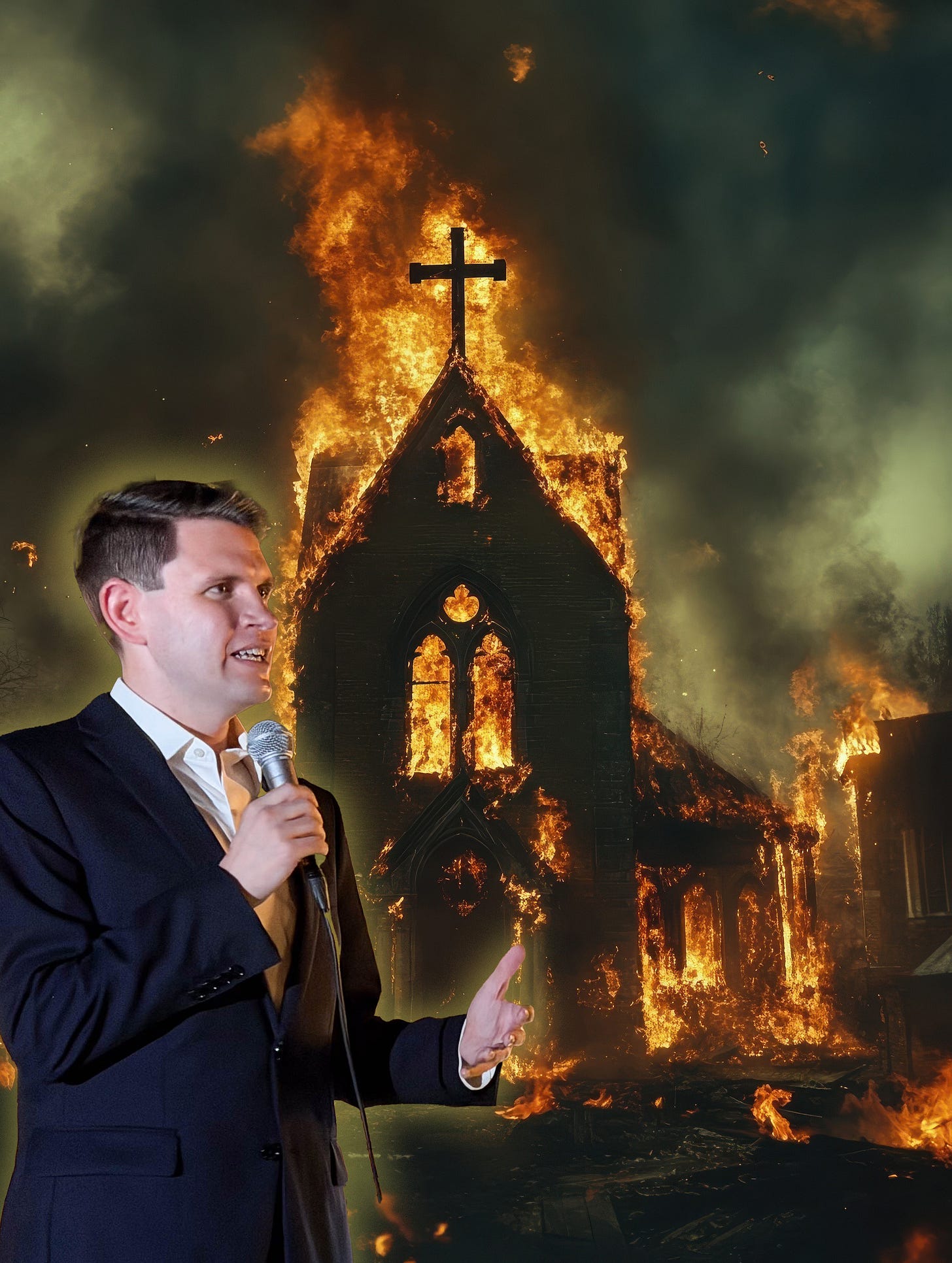 James Talarico speaking in front of a burning church in a Bastille-generated art James Talarico speaking in front of a burning church in a Bastille-generated art