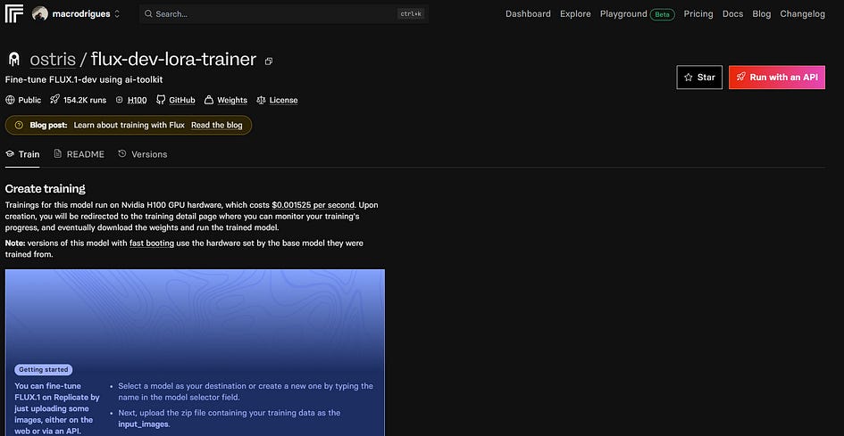 FLUX model fine tuner page on Replicate.