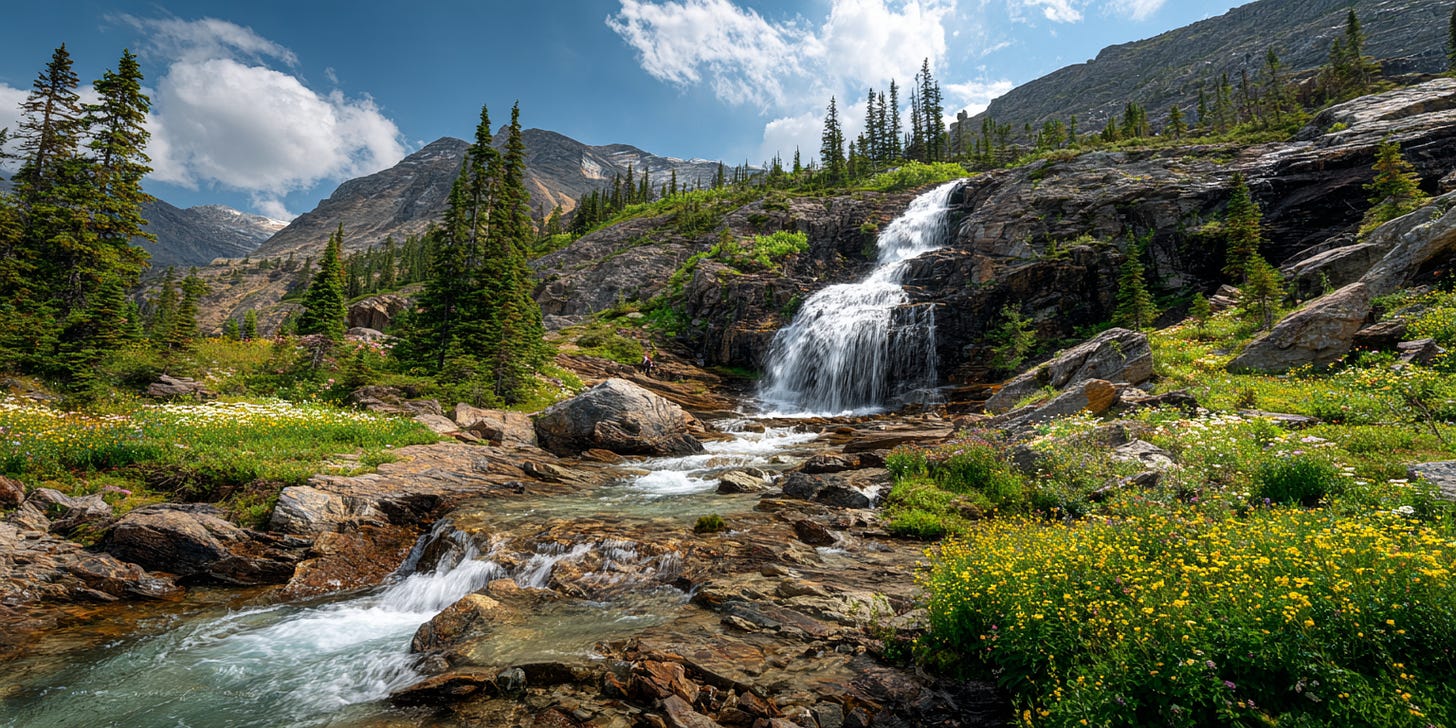 Alpine waterfall surrounded by wildflowers and greenery in the Canadian Rockies. Alpine waterfall surrounded by wildflowers and greenery in the Canadian Rockies.