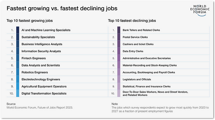 Banen in opkomst en banen die gaan verdwijnen. Bron: World Economic Forum Banen in opkomst en banen die gaan verdwijnen. Bron: World Economic Forum