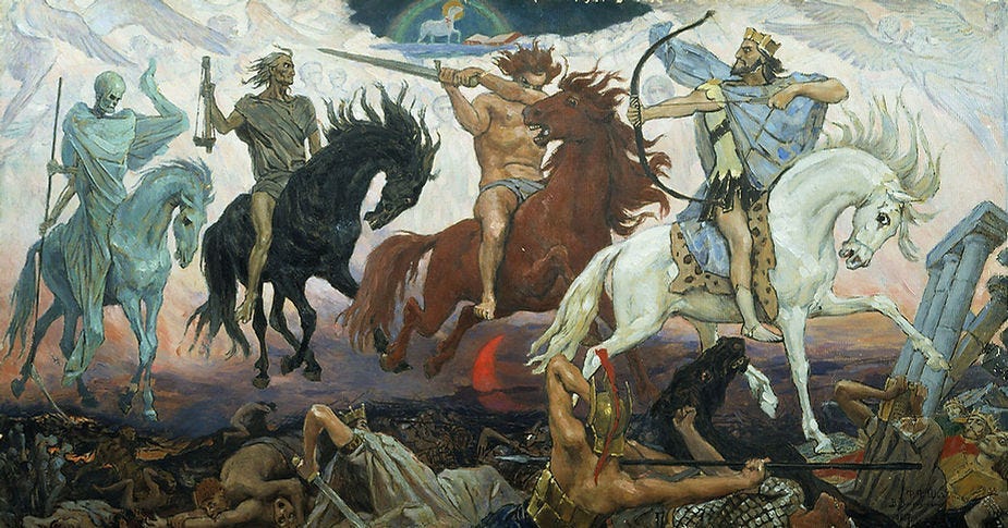 Four horsemen ride through a chaotic scene of fallen warriors, set against a stormy sky. Colors are dark and somber, evoking apocalypse. Four horsemen ride through a chaotic scene of fallen warriors, set against a stormy sky. Colors are dark and somber, evoking apocalypse.