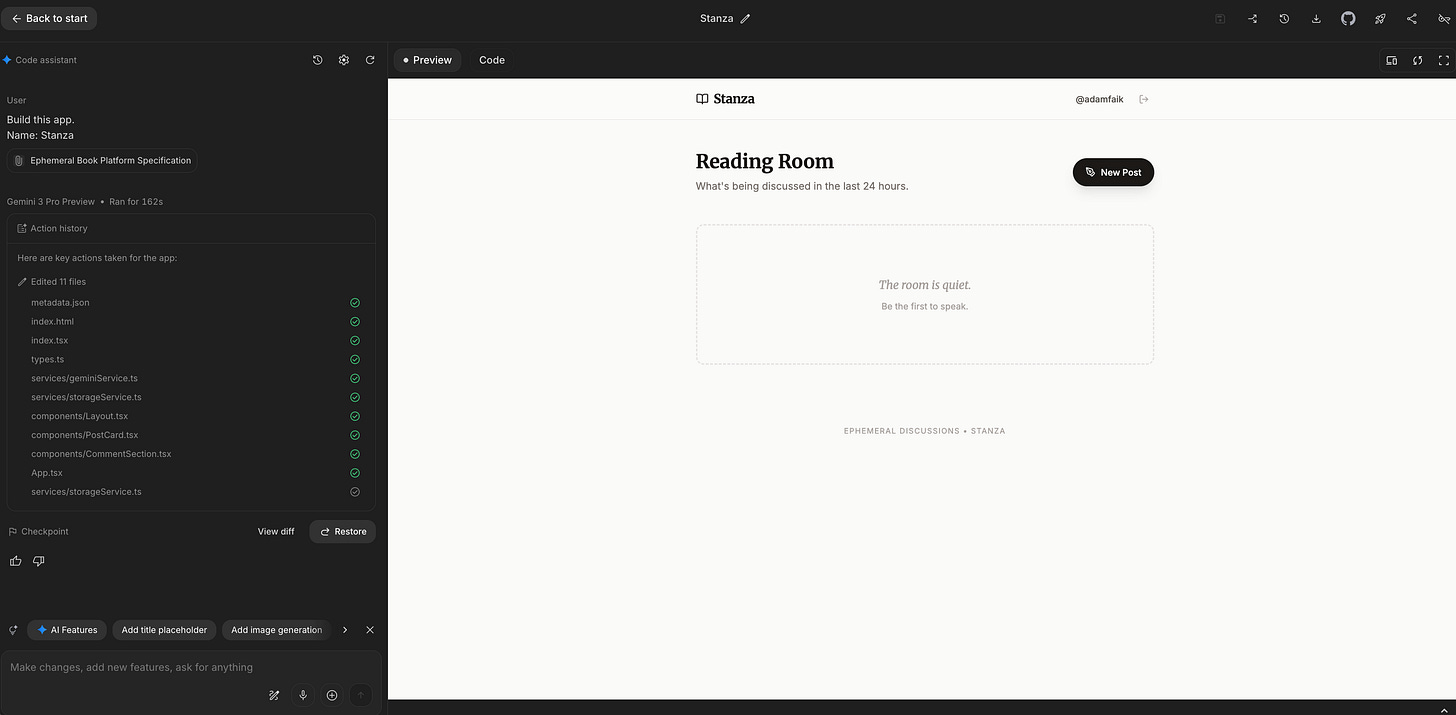 A web page preview inside Google AI Studio displays a white interface with the title Reading Room and an empty state message. A web page preview inside Google AI Studio displays a white interface with the title Reading Room and an empty state message.