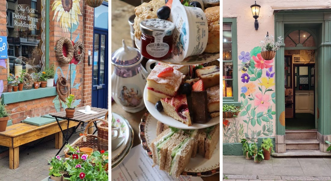 Three pictures - one of a brick shop front with flowers painted on it and in front of it, an afternoon tea stand with a tea pot, and a pink storefront with flowers painted on it Three pictures - one of a brick shop front with flowers painted on it and in front of it, an afternoon tea stand with a tea pot, and a pink storefront with flowers painted on it