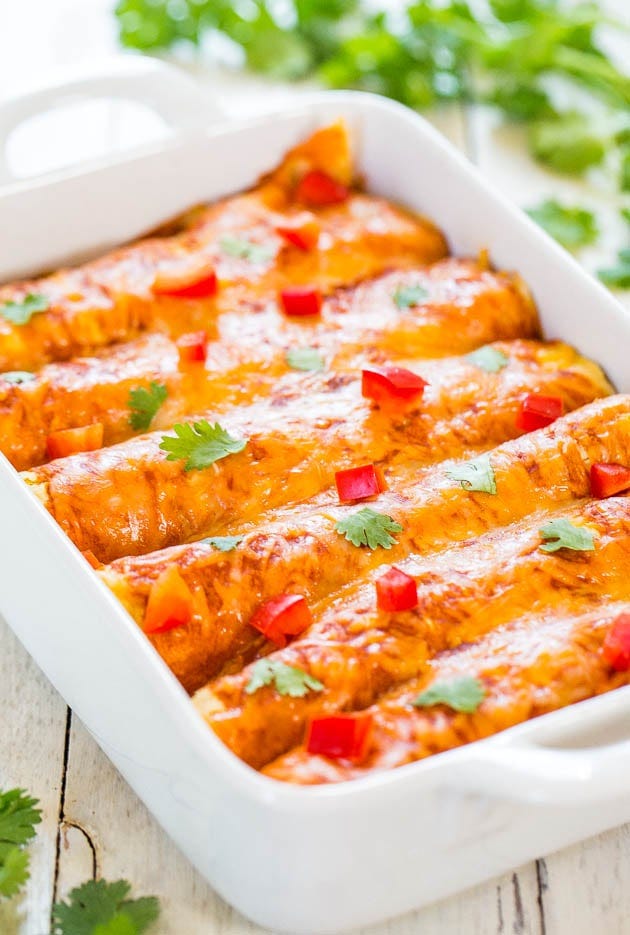pan of six sweet potato black bean enchiladas.