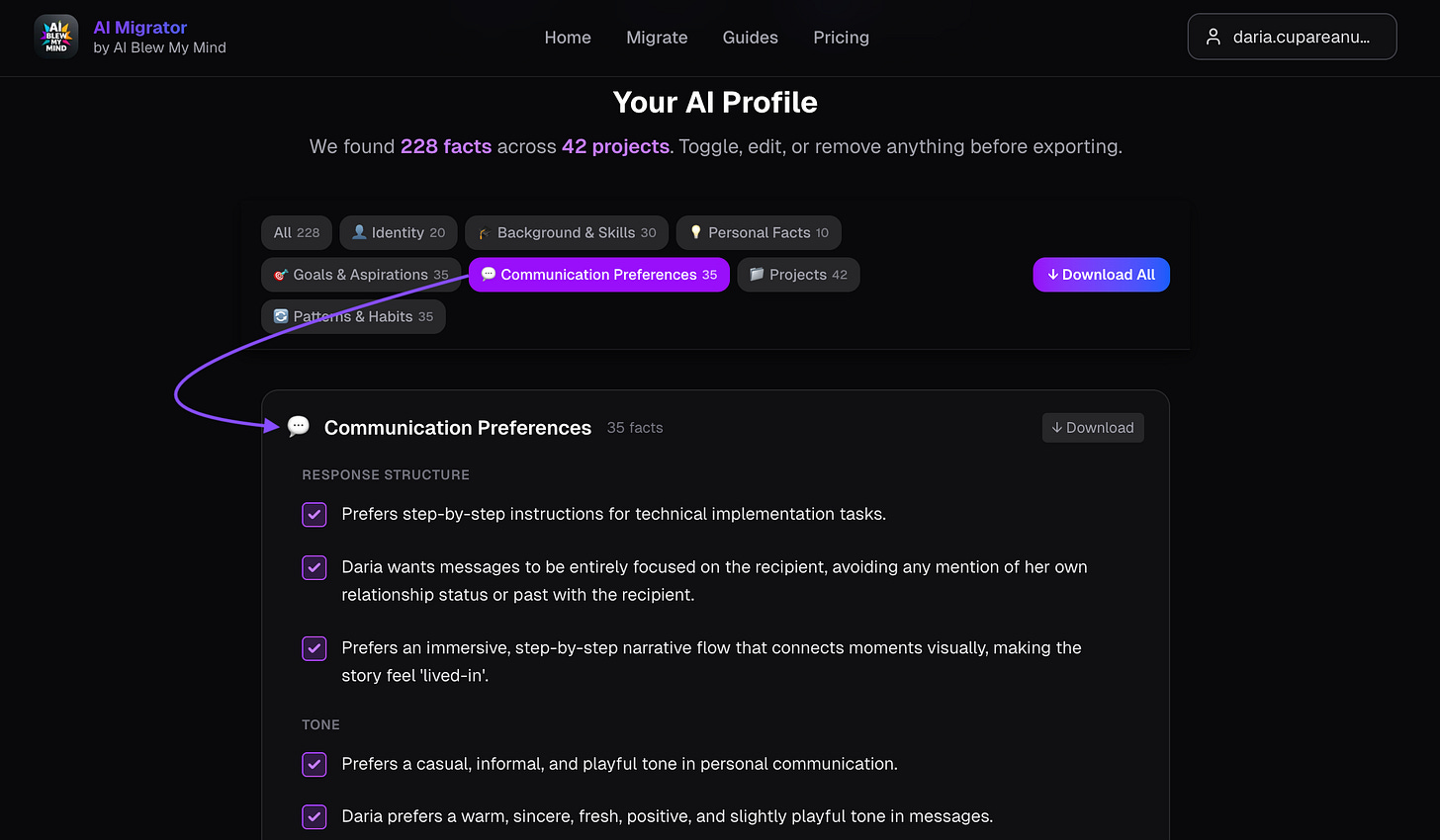AI Migrator profile showing 228 extracted facts across categories like Identity, Background and Skills, Communication Preferences, Projects, and Patterns, with the Communication Preferences section expanded