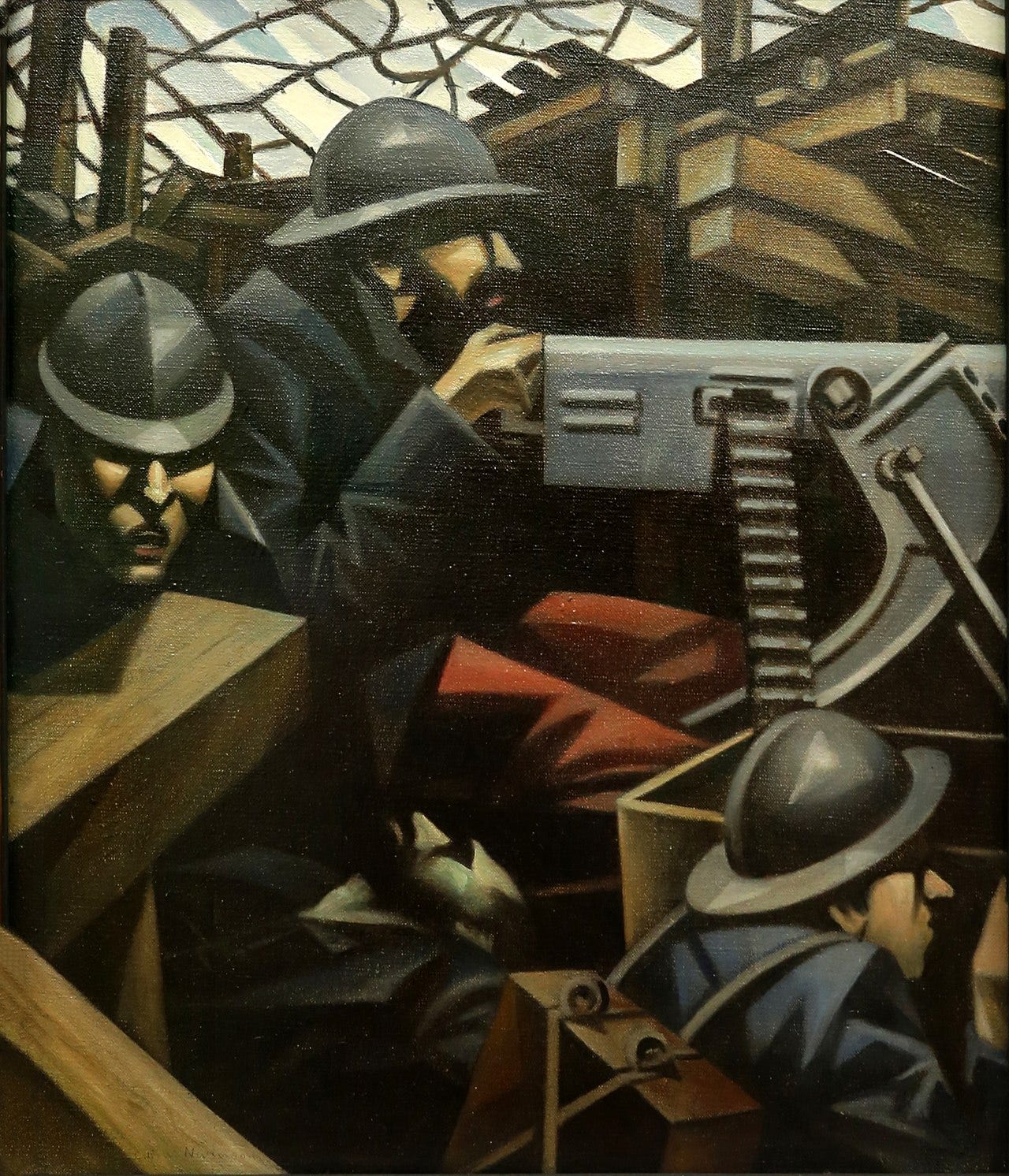 A 1915 oil painting by C.R.W. Nevinson depicting soldiers operating a machine gun in a cramped, shadowy trench. Painted in a sharp, Cubist style, the soldiers are rendered with rigid, angular, geometric lines. Their grey and blue uniforms and steel helmets make their bodies visually indistinguishable from the cold, jagged metal of the weapon itself, conveying a suffocating atmosphere of mechanized, dehumanizing warfare. A 1915 oil painting by C.R.W. Nevinson depicting soldiers operating a machine gun in a cramped, shadowy trench. Painted in a sharp, Cubist style, the soldiers are rendered with rigid, angular, geometric lines. Their grey and blue uniforms and steel helmets make their bodies visually indistinguishable from the cold, jagged metal of the weapon itself, conveying a suffocating atmosphere of mechanized, dehumanizing warfare.