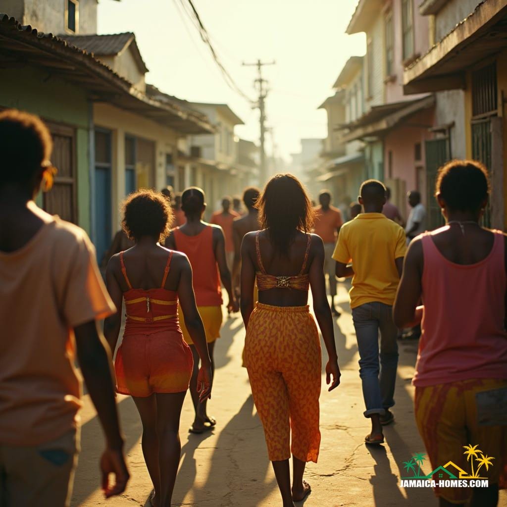 Vibrant Jamaican locals, adorned in colorful clothing, going about their daily lives in the bustling streets of a Jamaican ghetto. Warm, golden light casts long shadows, as if shot on 35mm film, with a slight vignette and subtle film grain. The scene is bathed in cinematic lighting, reminiscent of a dramatic film still, evoking the works of Gordon Parks and Lauren Greenfield. Inspired by the gritty realism of Rodrigo Prieto's cinematography and the vibrant colors of Steve McQueen's film aesthetic, with a hint of Steve McCurry's documentary style.