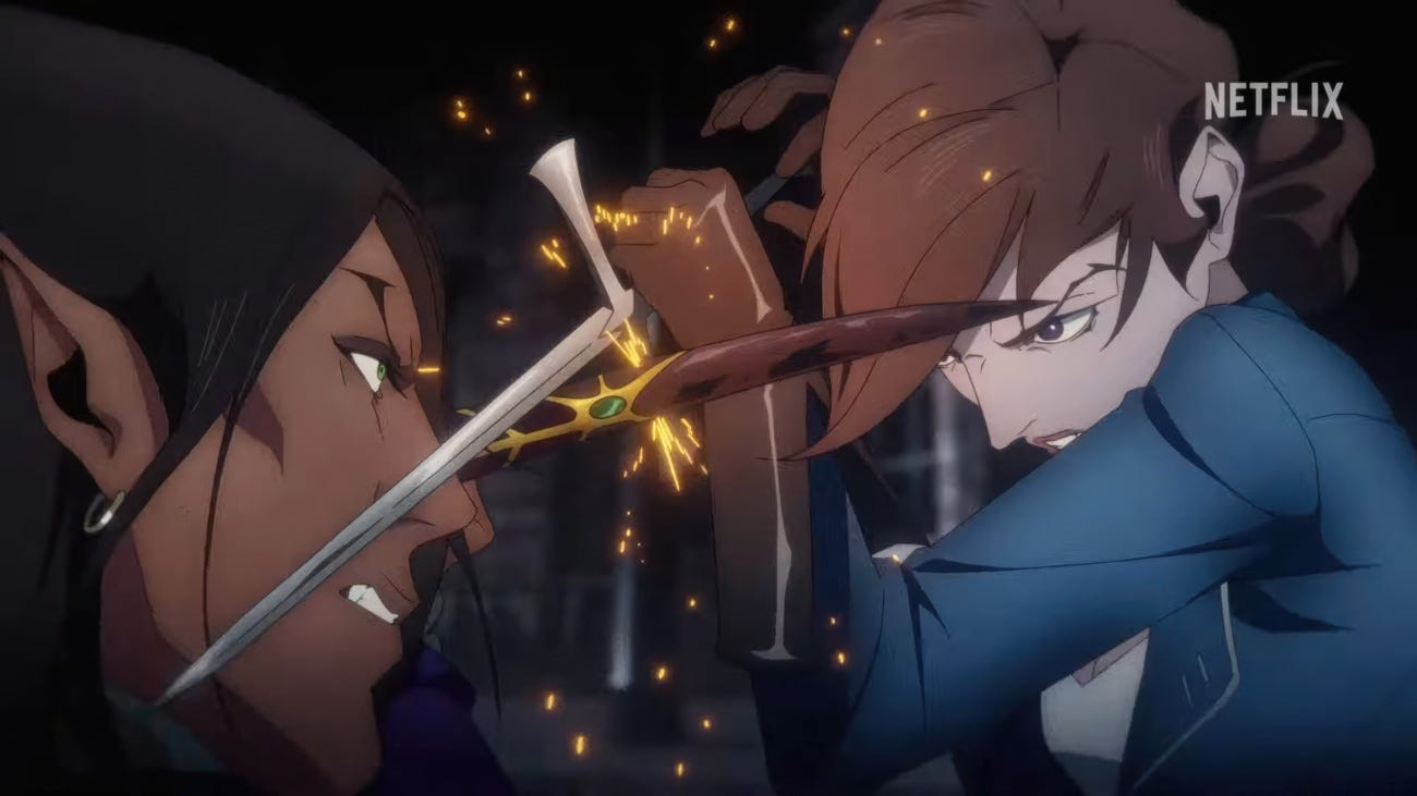 A screen capture of Castlevania characters Olrox and Julia Belmont fighting with sharp weapons.