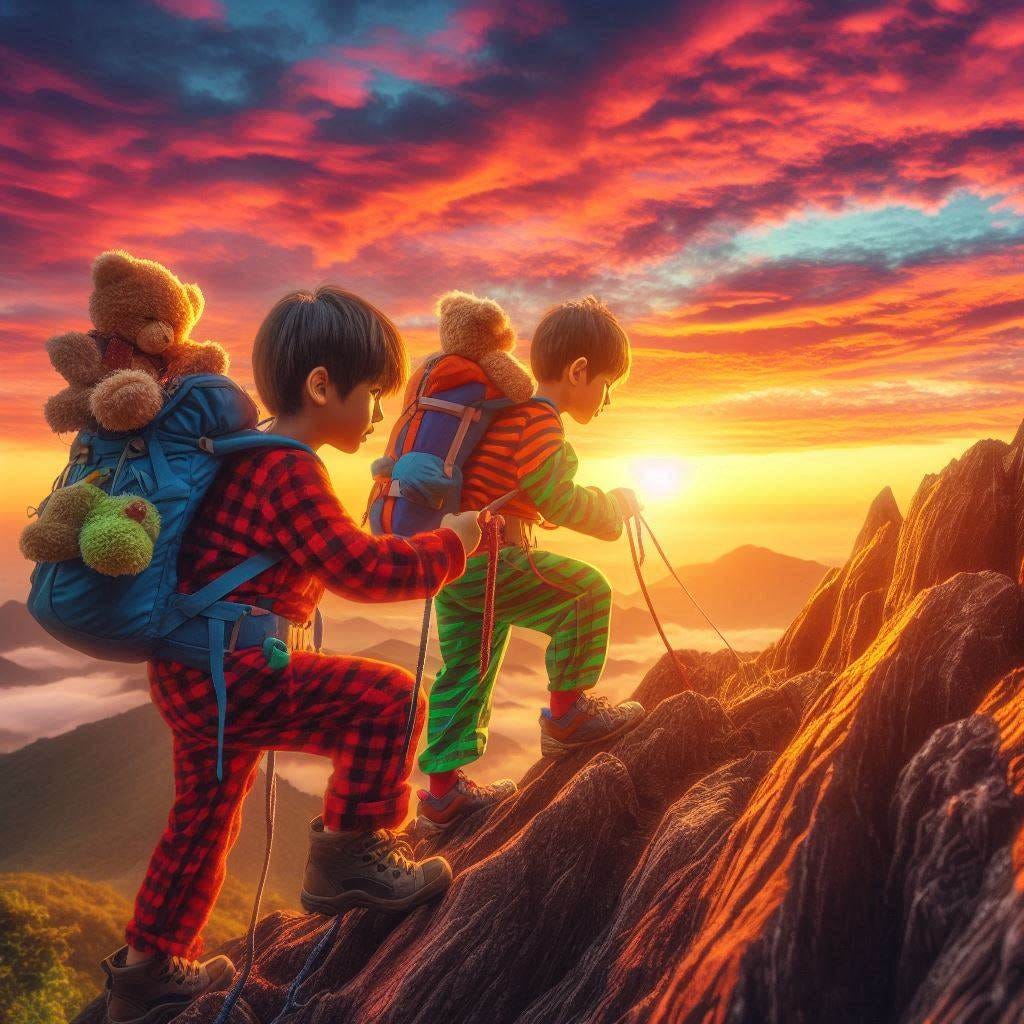 two kids mountain climbing in pajamas