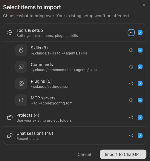 ChatGPT Settings import screen showing options to bring in a Claude Code project setup.