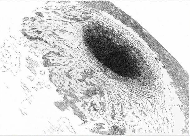 The entrance to the Hollow Earth according to Symmes, as he believed we would see it from the moon with a telescope. Illustration of Harper's New Monthly Magazine October 1882