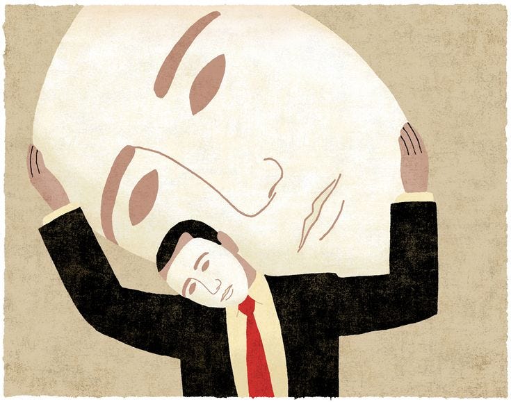 This may contain: a man in a suit holding up a giant panda head