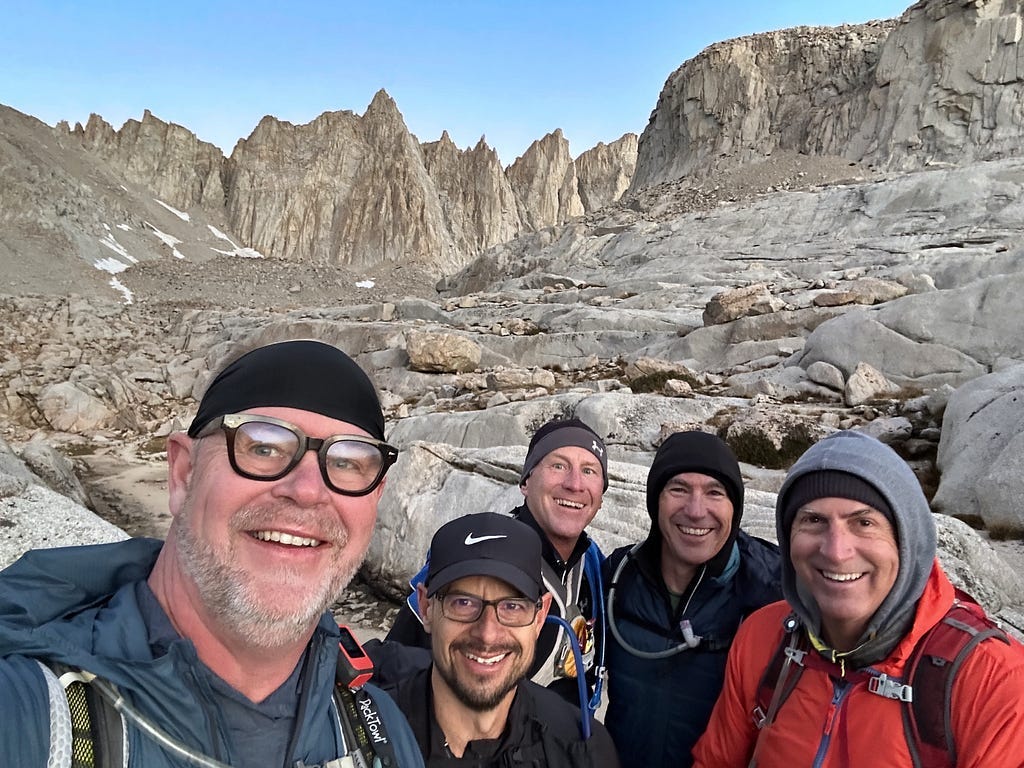 View of the team and Mount Whitney in the frigid dawn air