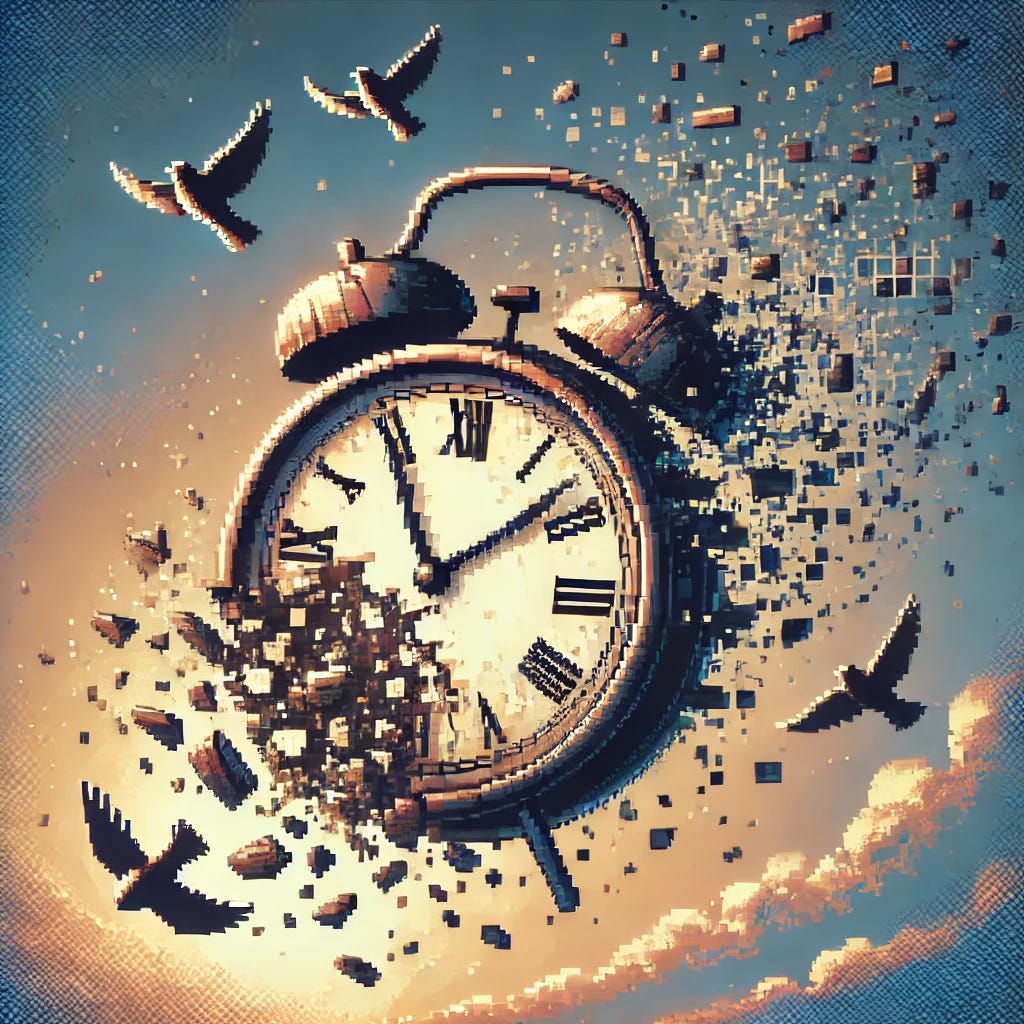 A pixelated, retro 8-bit or 16-bit video game-style scene of a broken alarm clock disintegrating into pixels and transforming into flying birds. The clock is old and weathered, with Roman numerals, and the shattered pieces dissolve into pixelated fragments as the birds emerge. The background is atmospheric, with a gradient of warm and cool tones, giving a surreal, dreamlike aesthetic. The entire image is rendered in a pixel-art style, reminiscent of classic video game graphics.