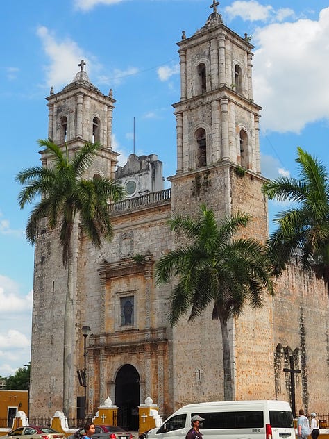 Pic one: Ivy sitting on a beach chair reading her kindle. Pic 2: Ivy in front of the Temple of Kukulcan. Pic 3: Ivy and Ryan swimming in a cenote. Pic 4: A bowl of ceviche and a spicy margarita. Pic 5: Cathedral in San Valladolid, Mexico. Pic 6: Mayan sculpture of Venus. Pic 7: Pokemon Go screenshot of Sprigatto on the beach at sunset Pic 8: View from balcony of the Marriott All Inclusive at night. Pic 9: My foot leaving footprints on the beach