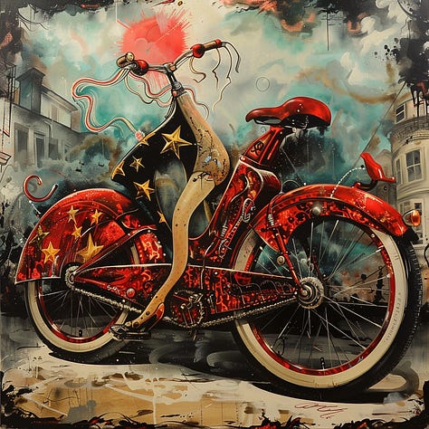 Cat, bicycle, farm + dream punk Midjourney modifier