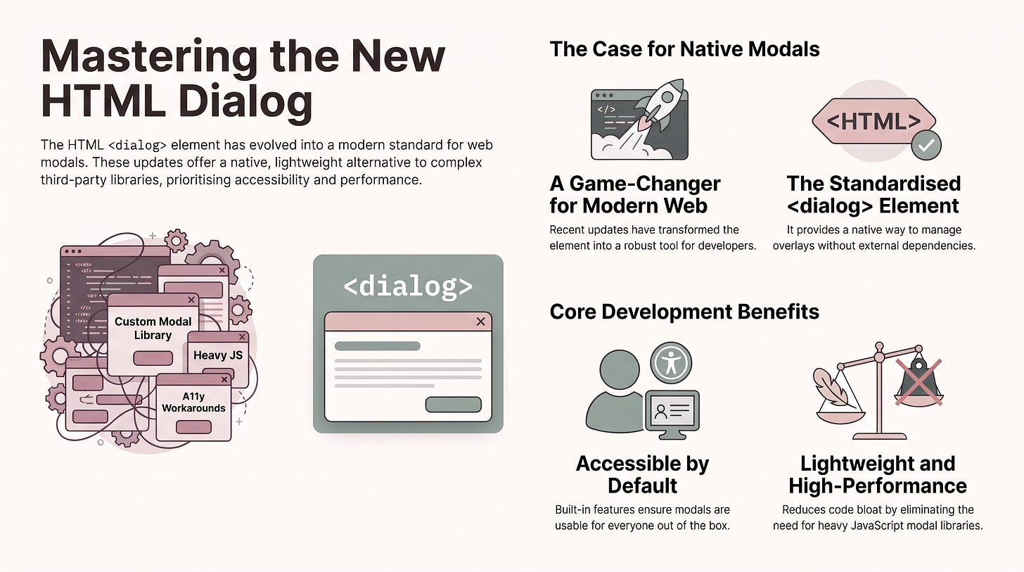Mastering the New HTML Dialog. The HTML <dialog> element has evolved intoa modern standard for web modals. These updates offer a native, lightweight alternative to complex third-party libraries, prioritising accessibility and performance.